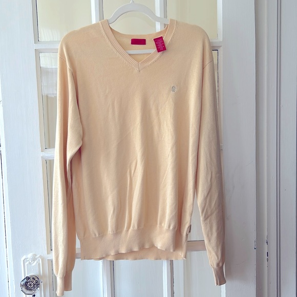 IZOD men’s medium cotton V neck sweater peachy warm yellow, great condition - Picture 1 of 5
